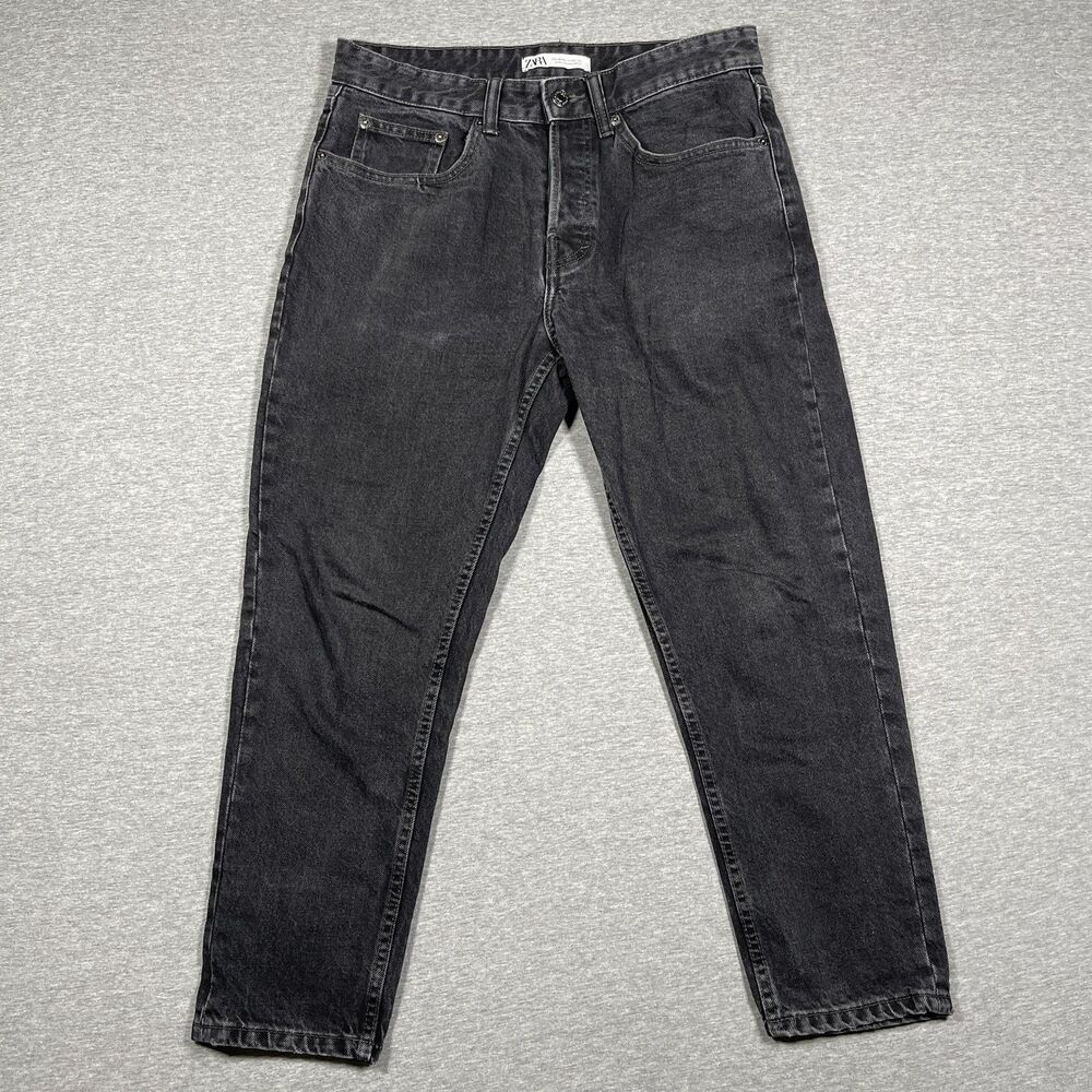 Zara Jeans Mens 31 (31x25) Black Charcoal Wash Tapered Relaxed Button Fly Denim